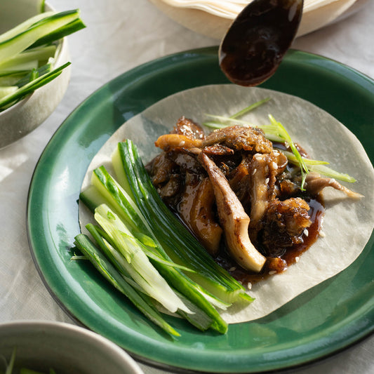 Chinese Pancakes With Crispy Pulled Oyster Mushrooms, Date Hoi Sin, Fresh Cucumber & Spring Onions