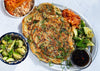 Crispy Korean Pancakes With Mixed Vegetables, Dipping Sauce, Smacked Cucumber & Kimchi Brown Rice