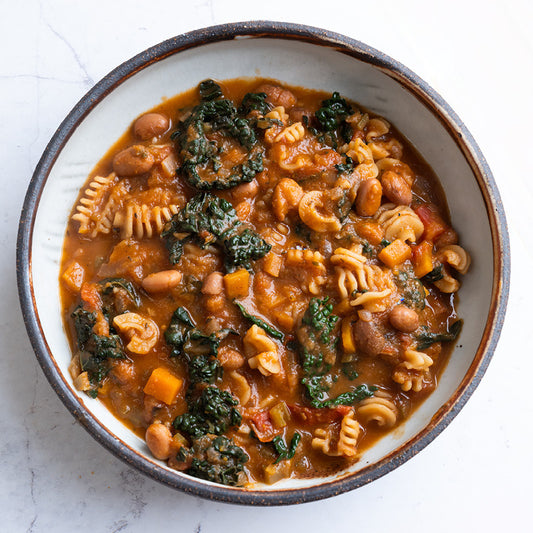 Pasta E Fagioli With Borlotti Beans, Radiatori Pasta, Braised Cavolo Nero & Almond 'Parmesan'