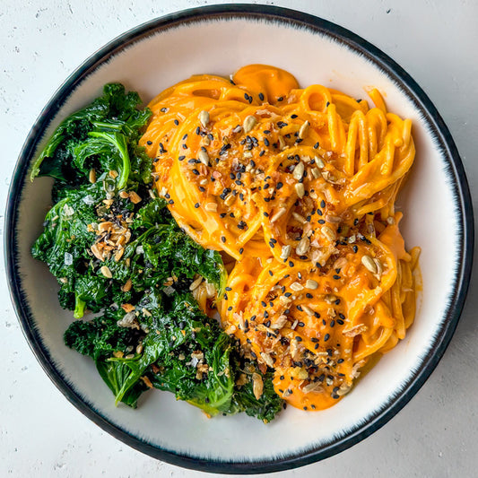 Butternut Squash & Gochujang Pasta With Garlicky Green Kale & Sunflower Seed Sprinkle