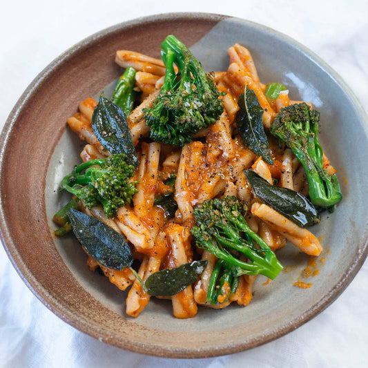 Wholewheat Casarecce In A Sweet & Spicy Pumpkin & "Nduja" Sauce With Crispy Sage & Broccoli