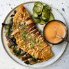 Kimchi Pancakes With Sticky Soy Portobellos, Gochujang Mayo & Pickled Cucumbers