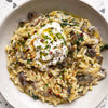 Miso Mushroom Orzotto With Creamy Cashew 'Labneh' & Chilli Pine Nut Crumb