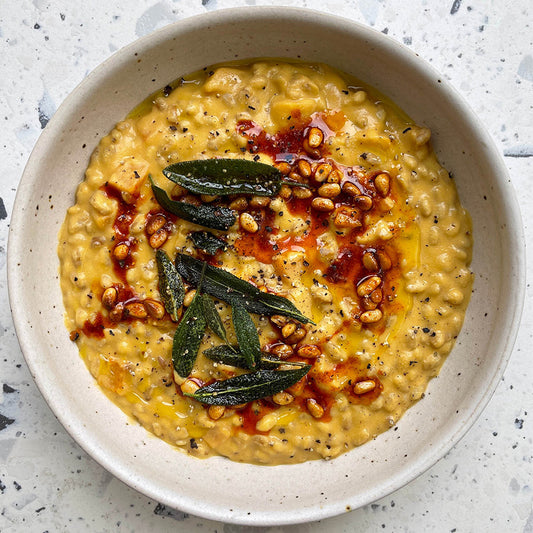 Butternut Squash & Spelt Risotto With Crispy Sage & Smokey Toasted Pine Nuts