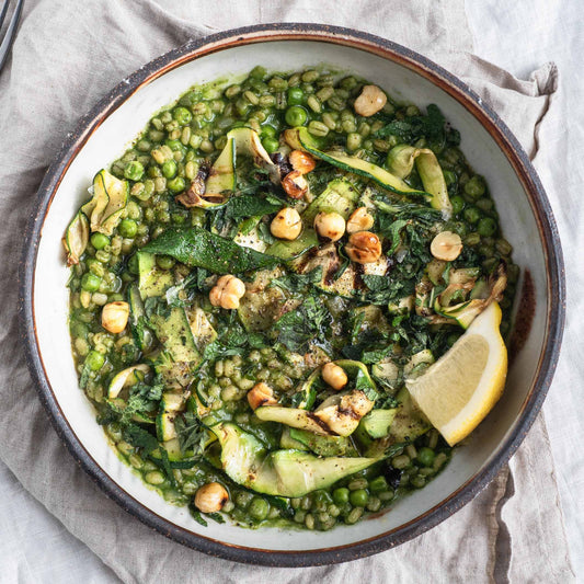 Super Green Vegetable Garden Risotto With Garden Peas, Courgettes, Mint & Toasted Hazelnuts