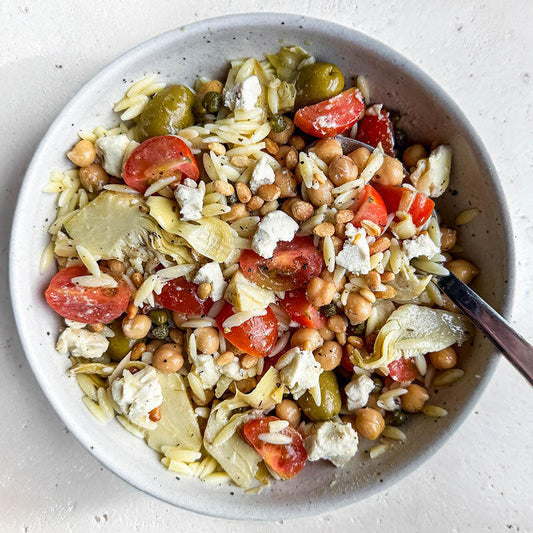 Greek Orzo Salad With 'Feta', Cherry Tomatoes, Olives, Artichokes, Toasted Pine Nuts & Herby Mustard Dressing