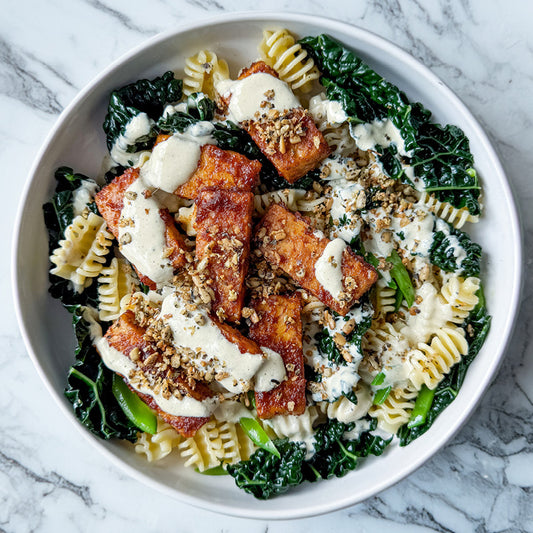 High Protein Caesar Pasta Salad With Smokey Tempeh, Cavolo Nero, Mangetout & Sunflower Seed Pangrattato