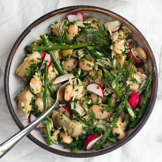 Spring Orzo Salad With Asparagus, Artichokes, Olives, Creamy Butterbeans & Herby Mustard Vinaigrette