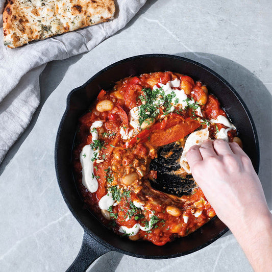 Sweet & Smoky Butter Bean Shakshuka With Whipped Tahini, Toasted Dukkah & Soft Garlic Flatbread