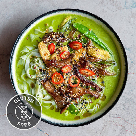 Super Green Noodle Soup With Mangetout, Baby Sweetcorn, Oyster Mushrooms & Gochugaru Sesame Sprinkle