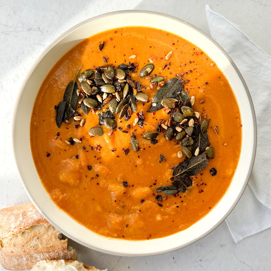 Smoky Pumpkin Soup With Creamy White Beans, Crispy Sage, Urfa Chilli Seeds & Organic Ciabatta