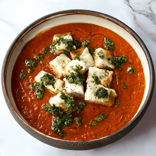 Rich Tomato & Roasted Red Pepper Soup With Grilled Cheese Croutons & Zingy Salsa Verde