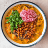 High Protein Thai Red Curry Lentil Soup With Sweet Potato, Smoky Crispy Chickpeas & Pink Onion Pickle