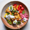 Tofu Tikka Kebabs Over Spiced Rice With Mint Yoghurt, Juicy Cherry Tomatoes & Pink Onion Pickle