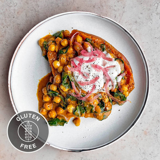 Roasted Sweet Potato With Curried Chickpeas, Baby Spinach, Organic Cultured Soy Yoghurt & Pink Pickled Onions