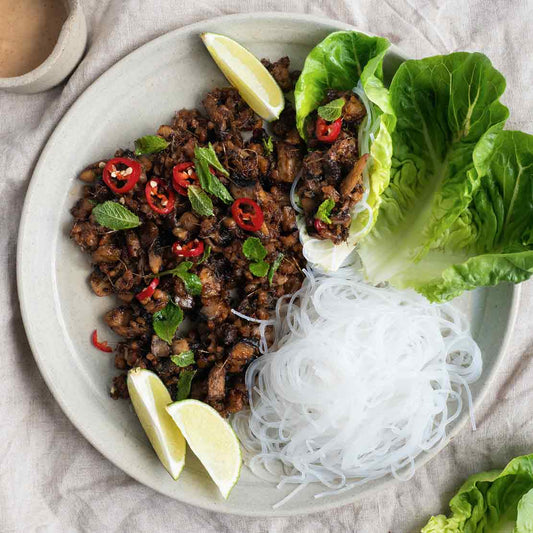 Spicy Mushroom & Tempeh Laab With Baby Gem Wraps, Vermicelli & Satay Sauce