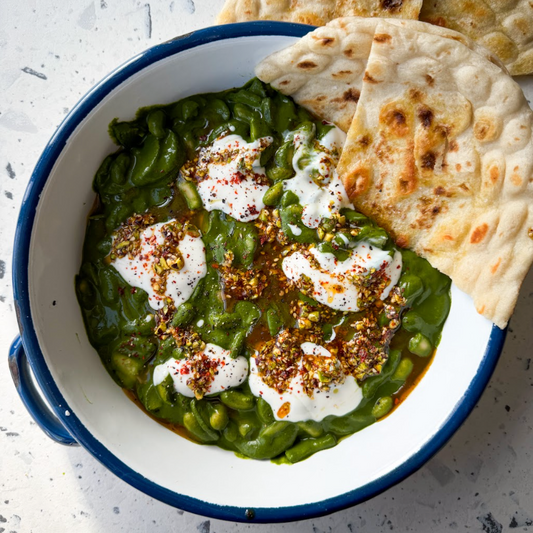 Creamy Green Goddess Beans & Courgettes With Organic Cultured Yoghurt, Pistachio Za'atar & Flatbread