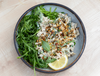 Creamy Lemon & 'Ricotta' Mafalde Corte Pasta With Sugarsnaps, Fresh Basil, Garden Peas, Peppery Rocket Salad & Chilli Pine Nut Crumb