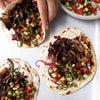 Oyster Mushroom Shawarma Tacos With Garlic Tahini Sauce, Chopped Shirazi Salad & Sumac Pickled Onions