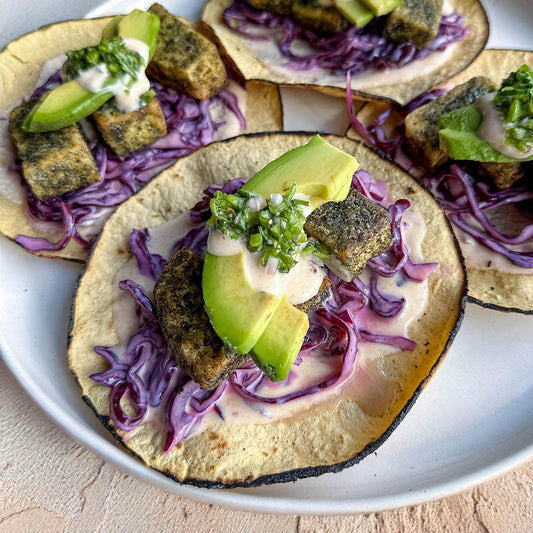 Crispy Tofish Tacos With Creamy Avocado, Smokey Chipotle Red Cabbage Slaw & Tangy Jalapeno Salsa