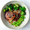 Chilli Garlic Glazed Tofu With Sticky Rice, Charred Broccoli, Edamame & Crispy Chilli Shallots