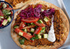 Lahmacun Flatbread With Meaty Spiced Tofu Crumble, Tomato, Cucumber, Sumac Pickled Onion & Garlic Yoghurt